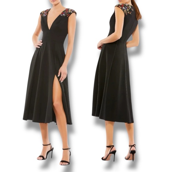 Mac Duggal Dresses & Skirts - IEENA FOR MAC DUGGAL Black Beaded Cap Sleeve A Line Midi Dress size 4 holiday